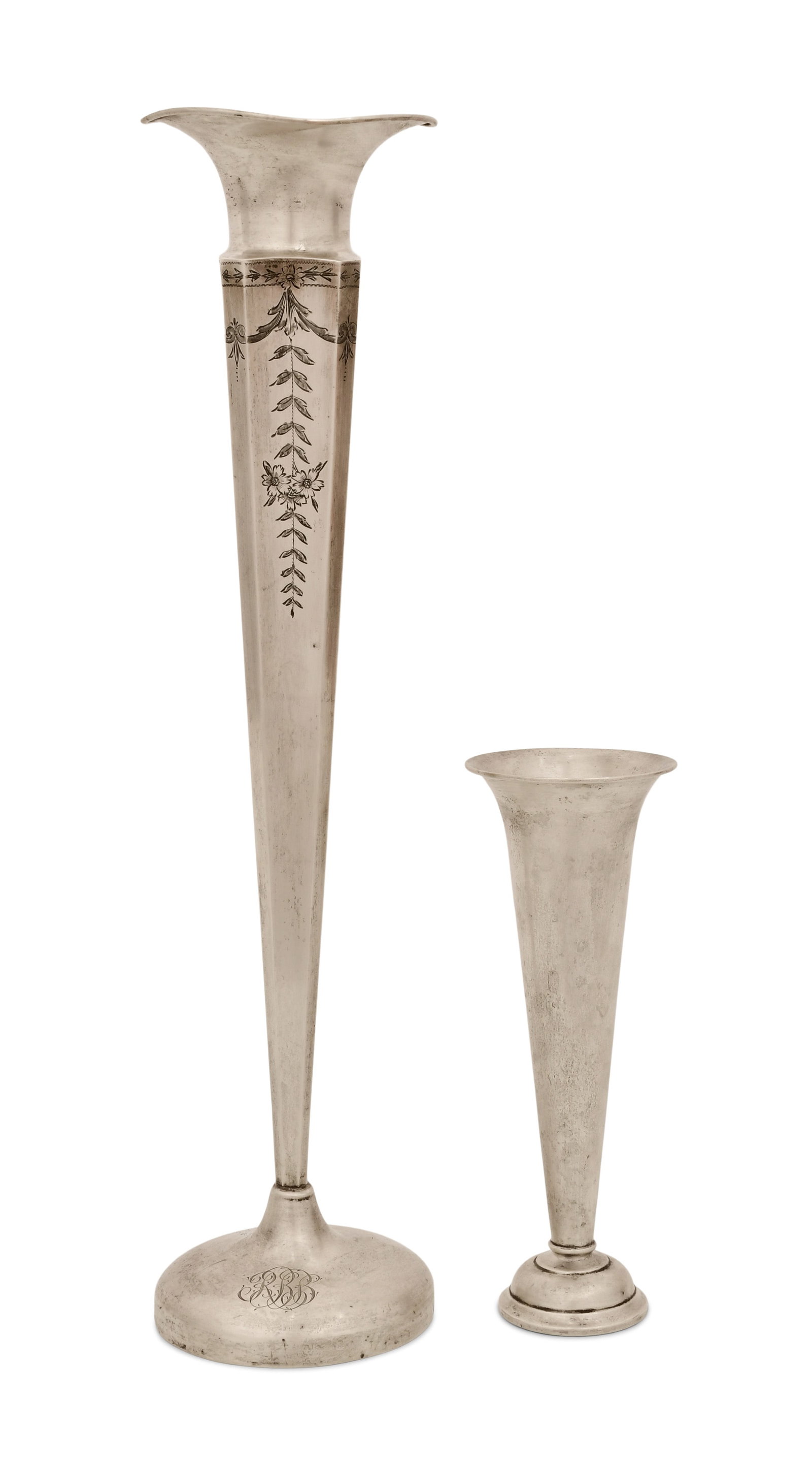Two American Sterling Silver Weighted Vases: Two American Sterling Silver Weighted Vases 20th century each marked to the underside 19 x 4 1/2 inches (larger) 9 x 3 1/2 inches (smaller)