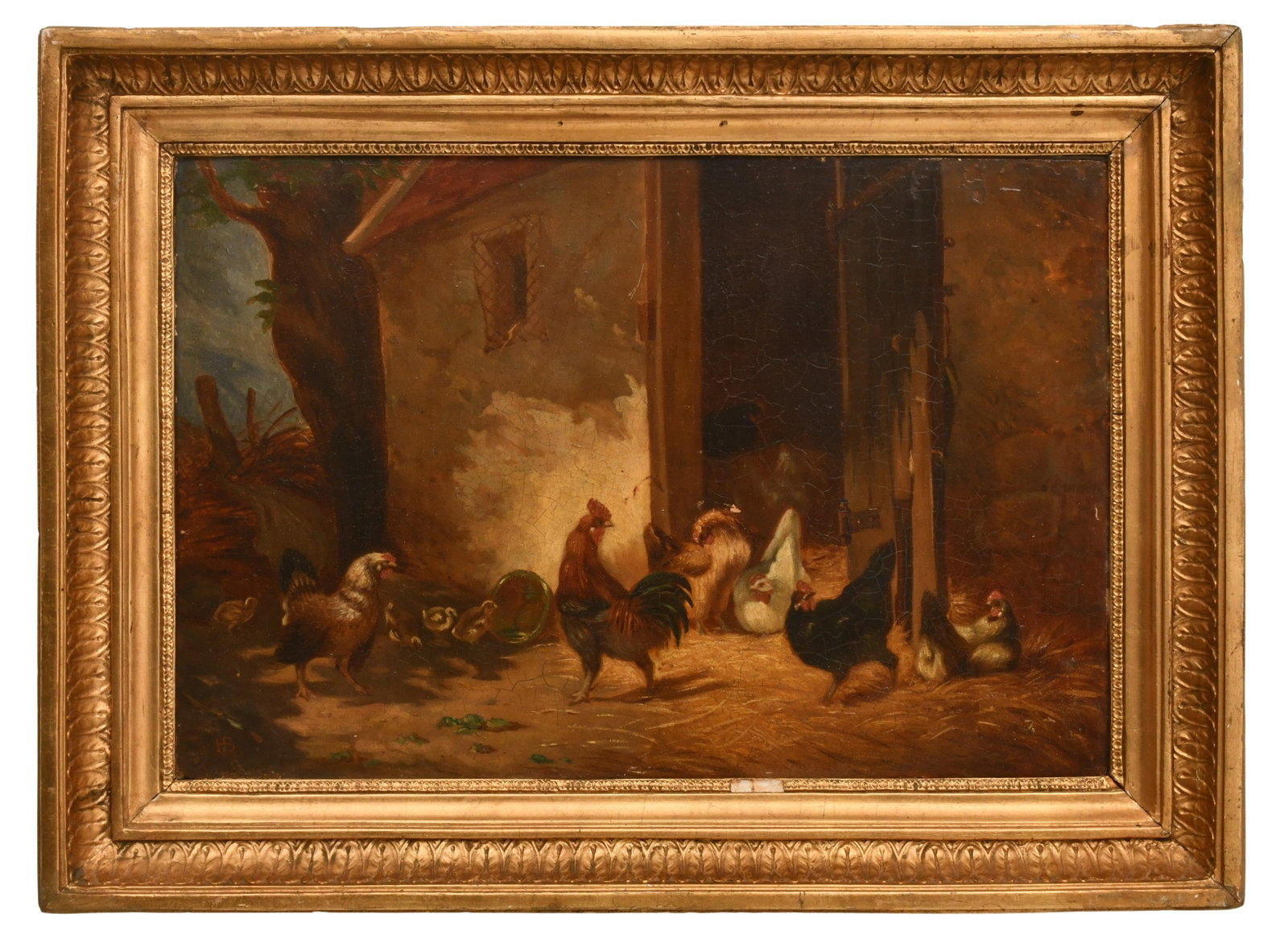 19th Century French School Painting of Chickens in a Farmyard, Oil on Panel: 19th Century French School Painting of Chickens in a Farmyard, Oil on Panel 10 3/4 x 15 3/4 inches (panel) 14 1/2 x 19 3/4 inches (frame) Provenance: Private Collection, New York