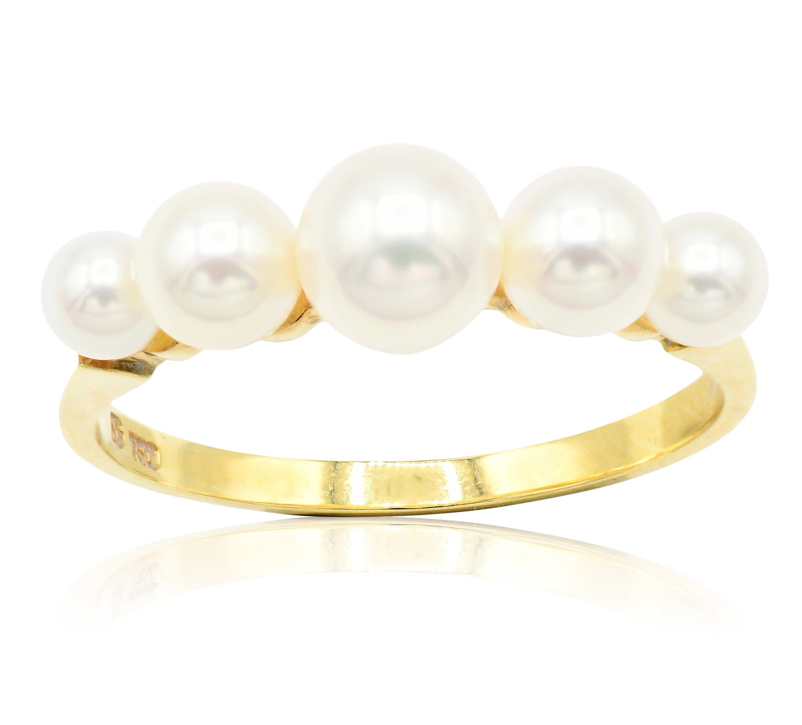 18K Yellow Gold & Mikimoto Pearl Ring: 18K Yellow Gold & Mikimoto Pearl Ring • featuring graduated pearls measuring from approximately 3.50 mm to 5.62 mm • 7 (ring size) • 1.8 dwt (total weight) Provenance: Important Priv