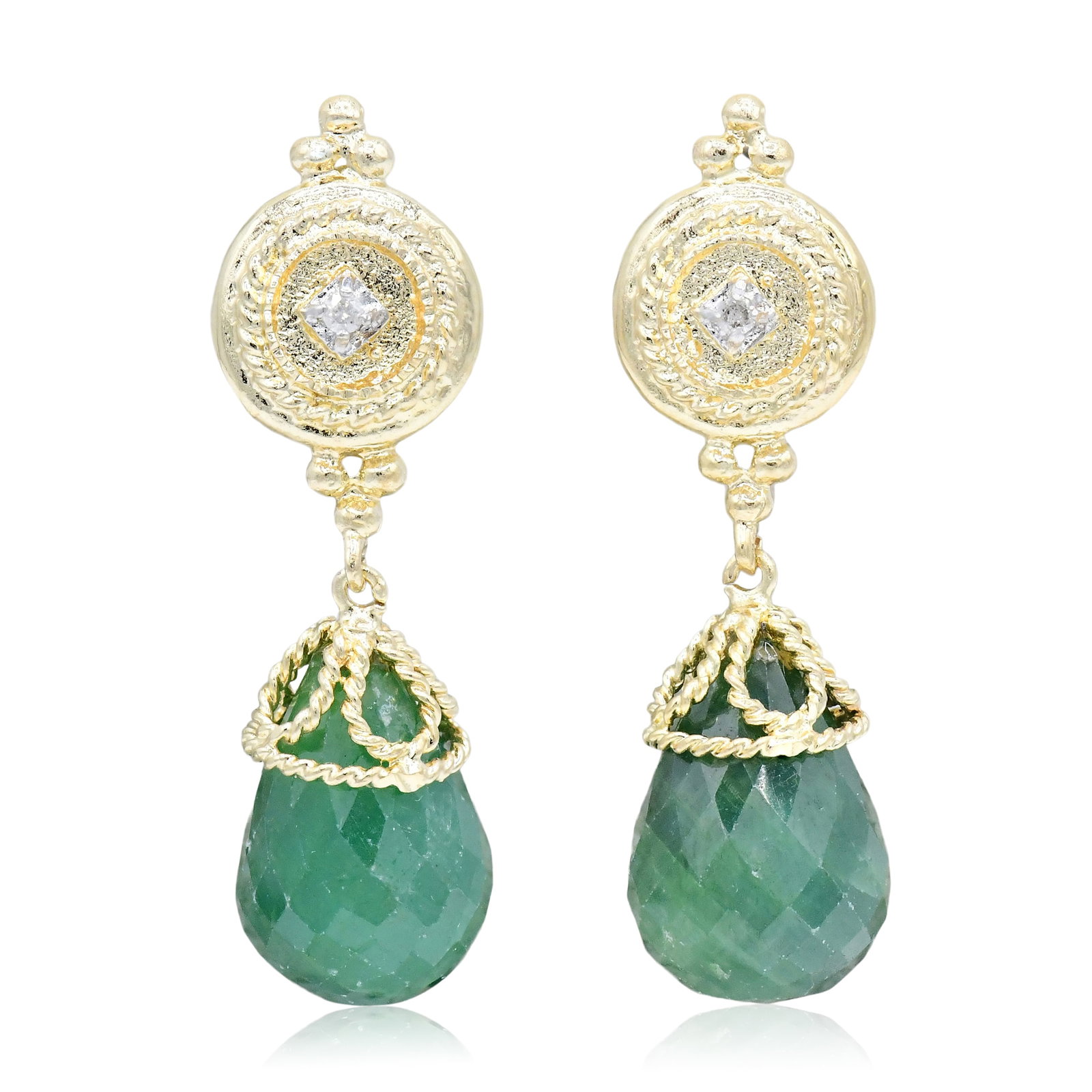 14K Yellow Gold, Emerald & Diamond Earrings: 14K Yellow Gold, Emerald & Diamond Earrings • featuring checkerboard cut pear shaped emeralds weighing a total of 16.38 carats • accented by round brilliant diamonds weighing a total of