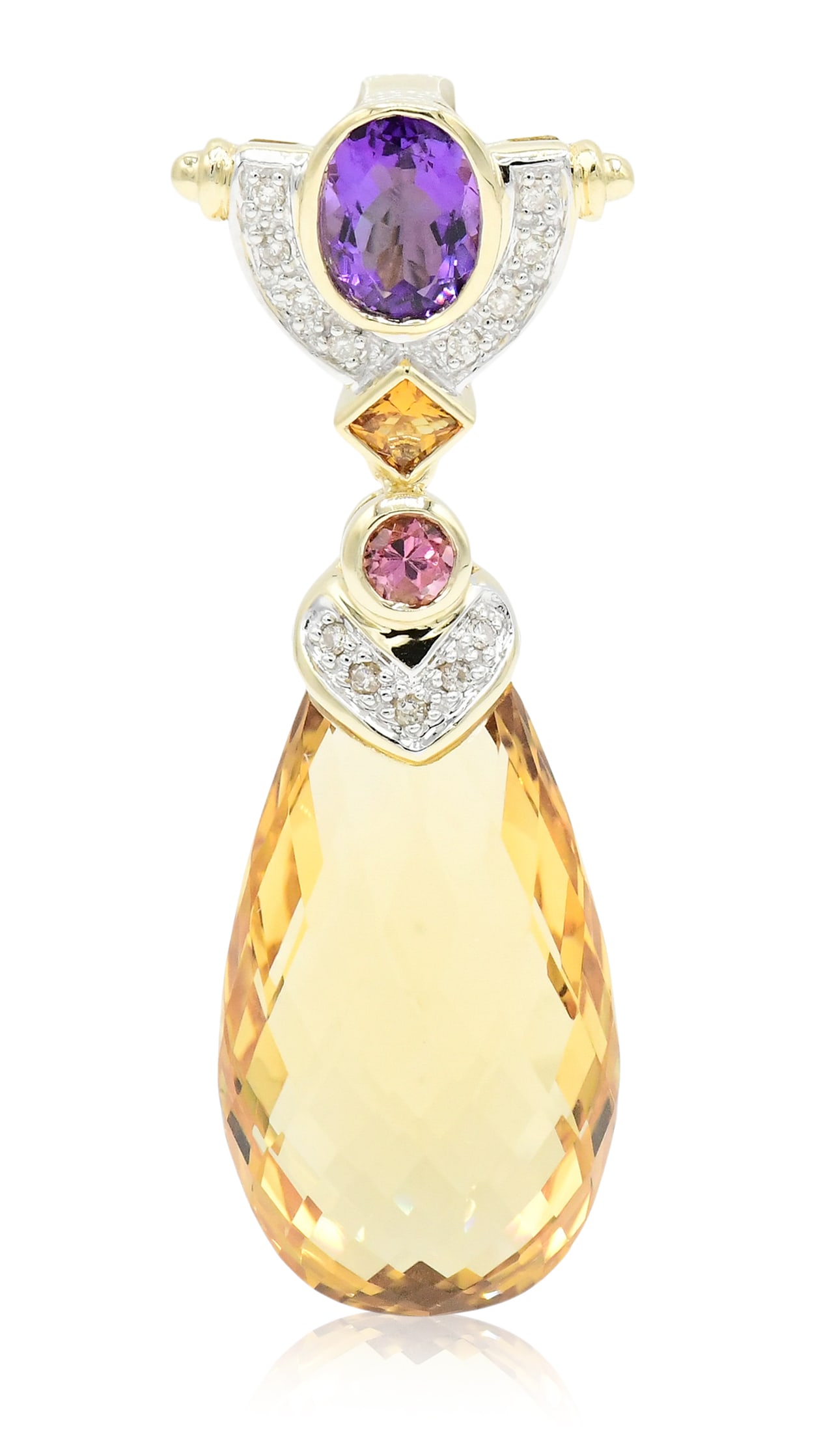 14K Yellow Gold, Citrine, Amethyst, Pink Tourmaline & Diamond Pendant: 14K Yellow Gold, Citrine, Amethyst, Pink Tourmaline & Diamond Pendant • featuring a 22.32 carat checkerboard cut pear shaped citrine • set with faceted citrine, amethyst and pink