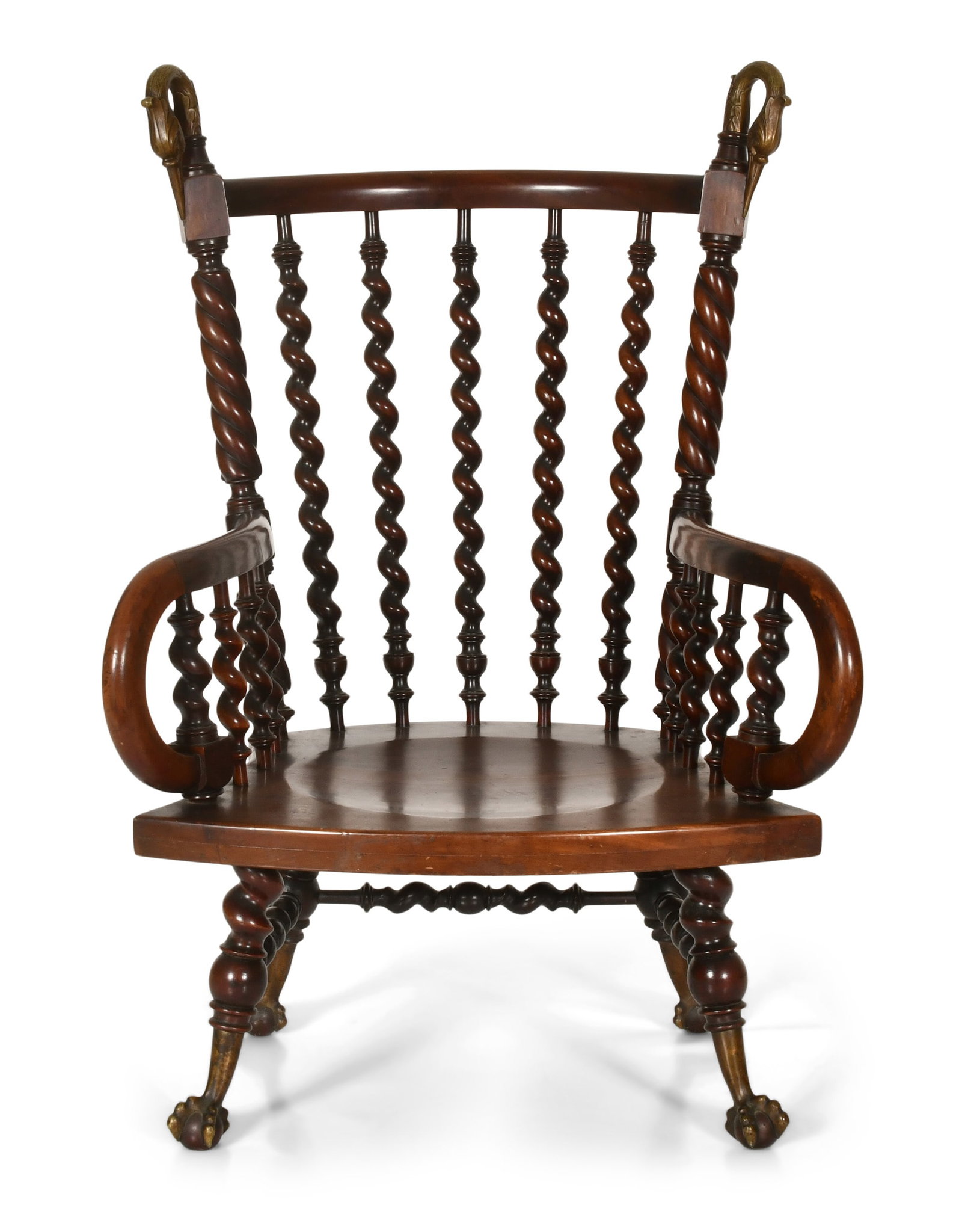 Merklen Brothers Bronze-Mounted Mahogany Chair: Merklen Brothers Bronze-Mounted Mahogany Chair late 19th century decorated with Solomonic supports, bronze swan heads and supported by claw and ball feet 42 x 29 x 20 inches Provenance: Private