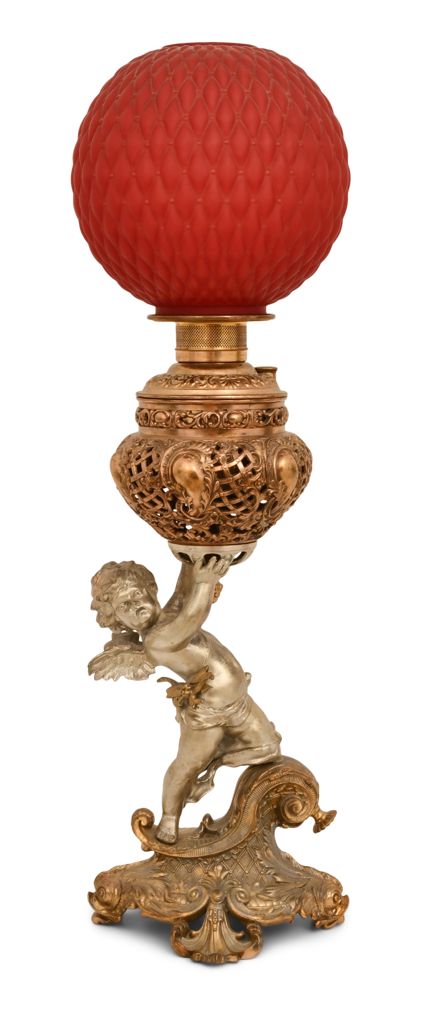American Victorian Gilt & Silvered Metal Cherub Parlor Lamp with Cranberry Glass Shade (1 of 1)