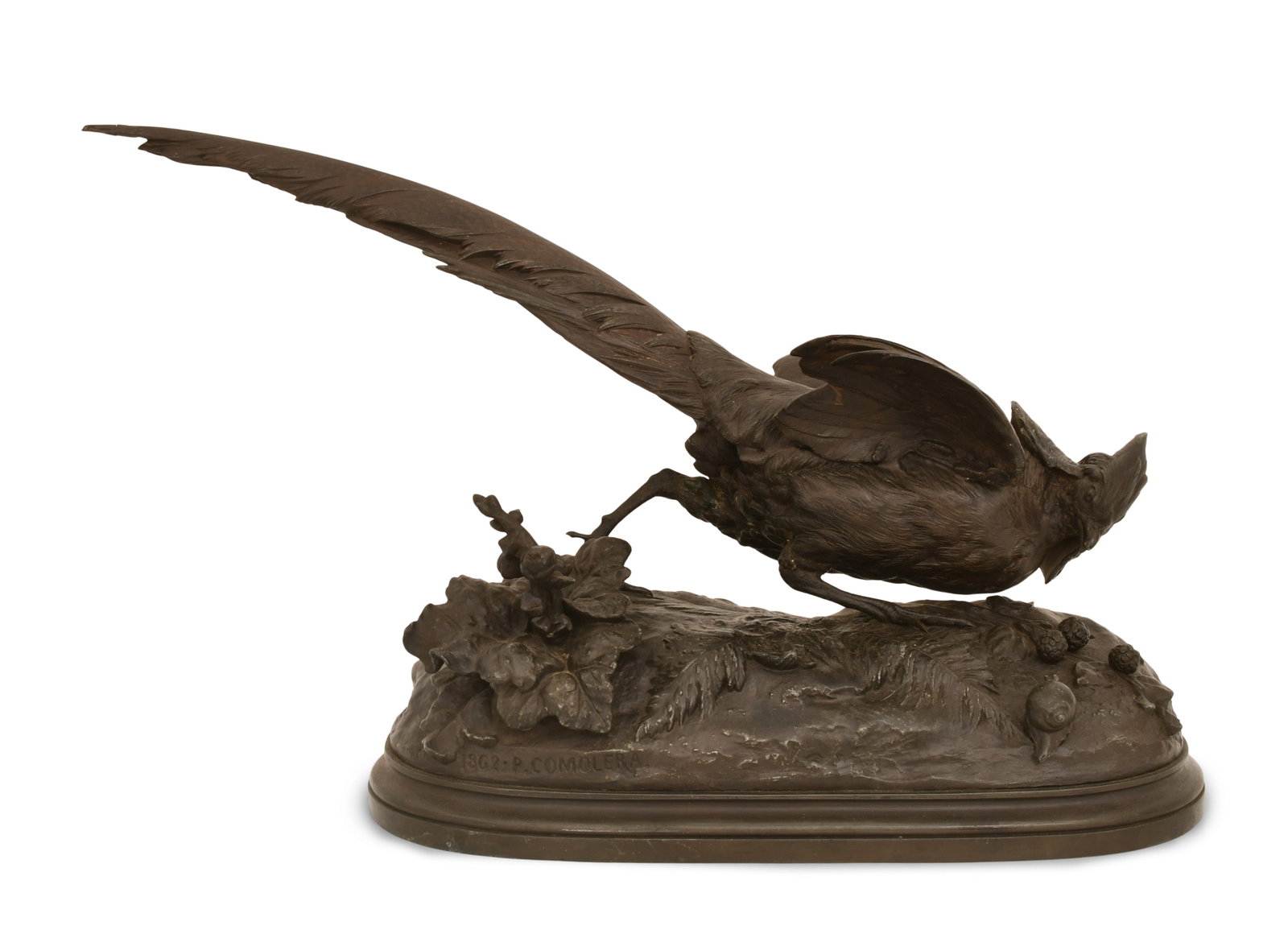 Paul Comolera (French, 1818-1897), Bronze Sculpture of a Pheasant: Paul Comolera (French, 1818-1897) Sculpture of a Pheasant patinated bronze signed and dated "P. Comolera, 1862" 18 x 28 1/2 x 9 1/2 inches