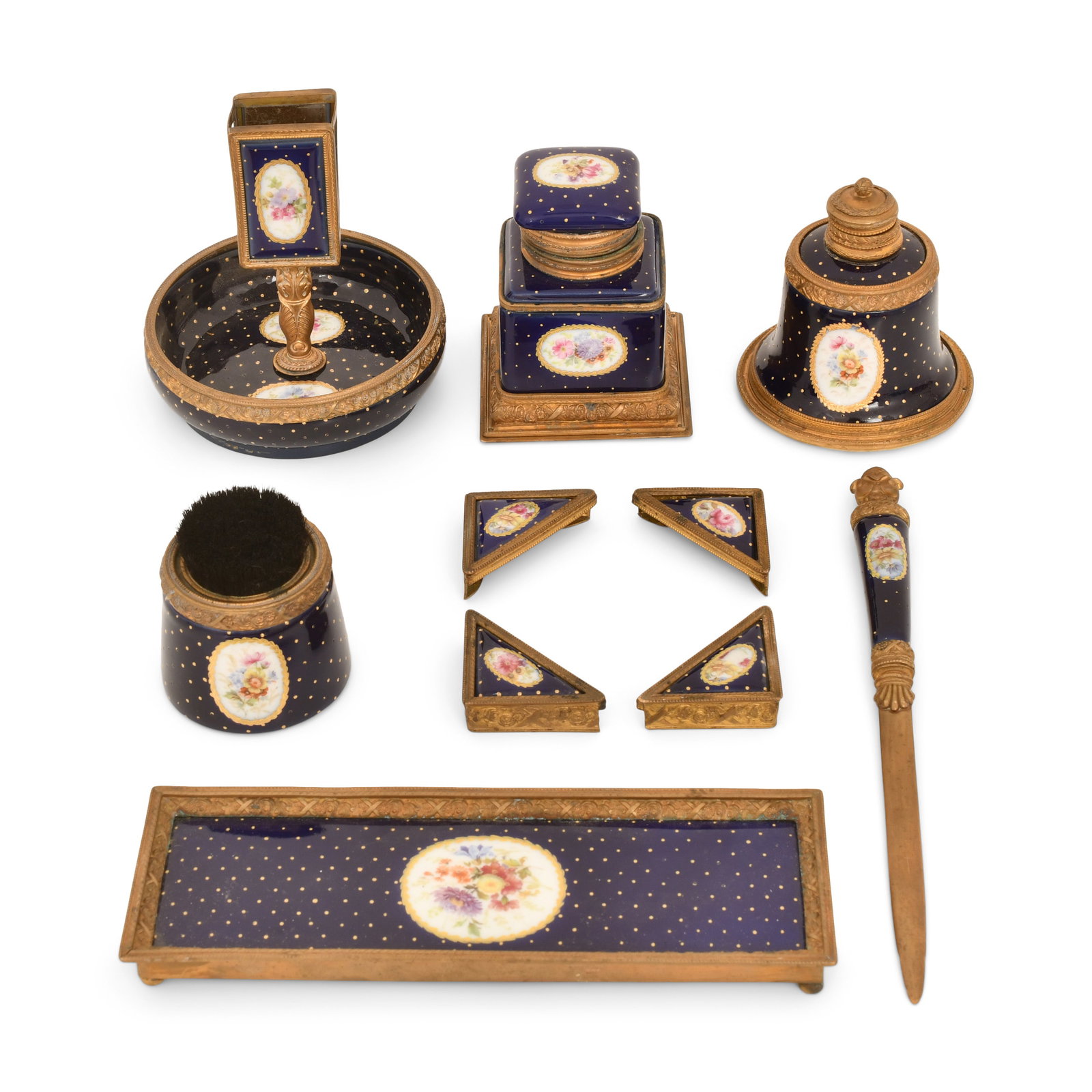 French Gilt Bronze-Mounted & Hand-Painted Enamel Desk Set: French Gilt Bronze-Mounted & Hand-Painted Enamel Desk Set late 19th century 4 x 3 1/2 x 3 1/2 inches (inkwell) 9 x 3 inches (pen tray)