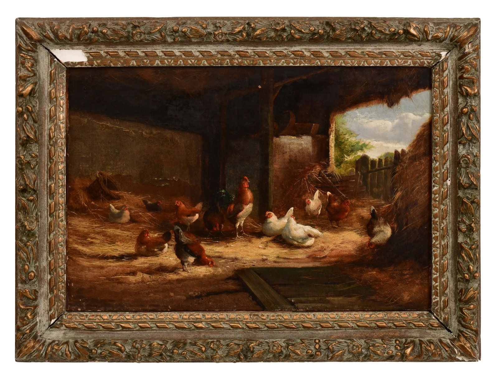 Cornelis van Leemputten (Belgian, 1841-1902), Chickens in the Barn: Cornelis van Leemputten (Belgian, 1841-1902) Chickens in the Barn oil on board signed lower right 13 1/2 x 20 1/2 inches (board) 18 1/2 x 25 inches (frame) Provenance: Private Collection, New Jerse