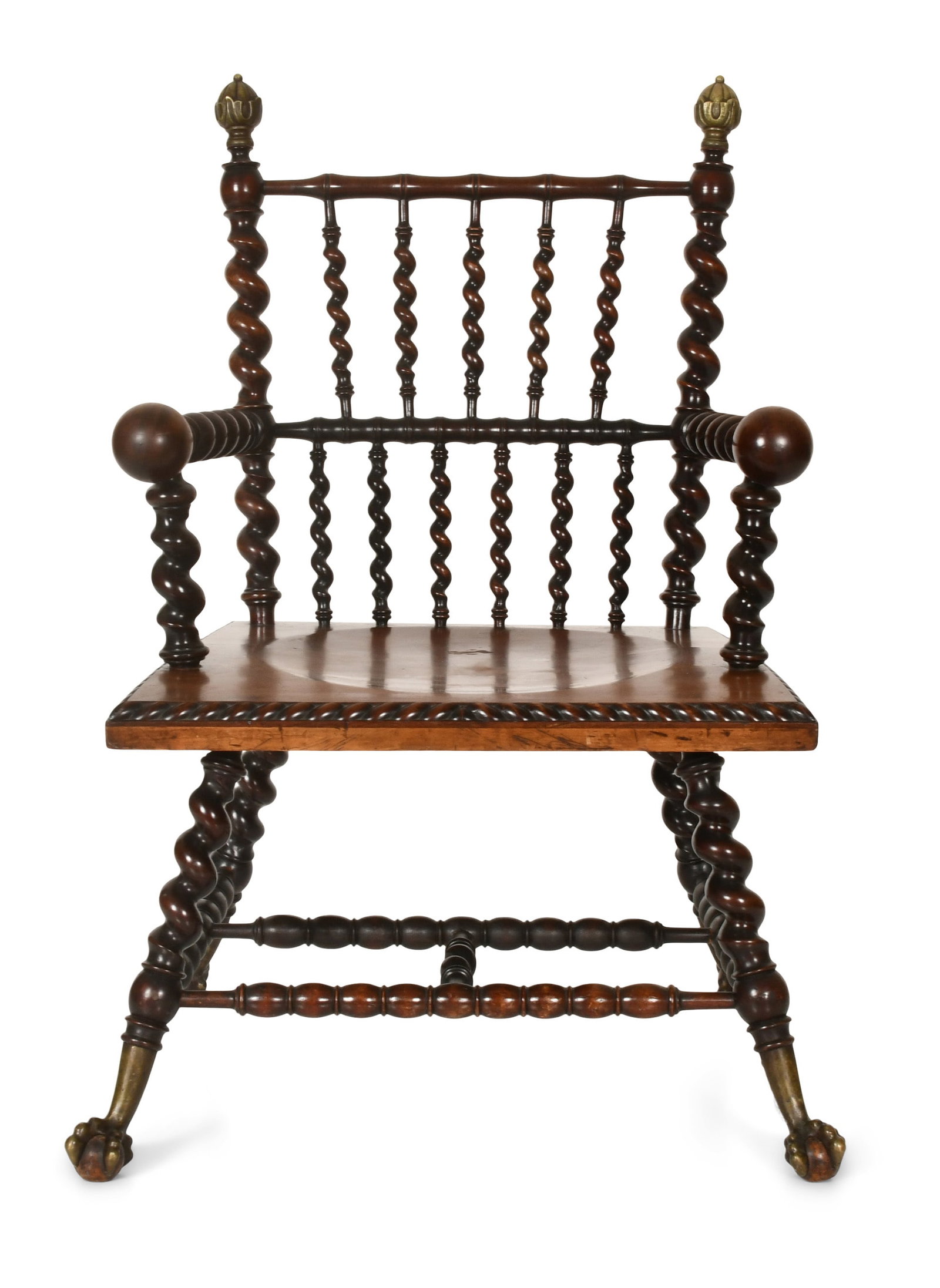 Merklen Brothers Bronze-Mounted Mahogany Chair: Merklen Brothers Bronze-Mounted Mahogany Chair late 19th century decorated with Solomonic supports, bronze finials and claw and ball feet 37 x 25 x 19 1/2 inches Provenance: Private Collection,