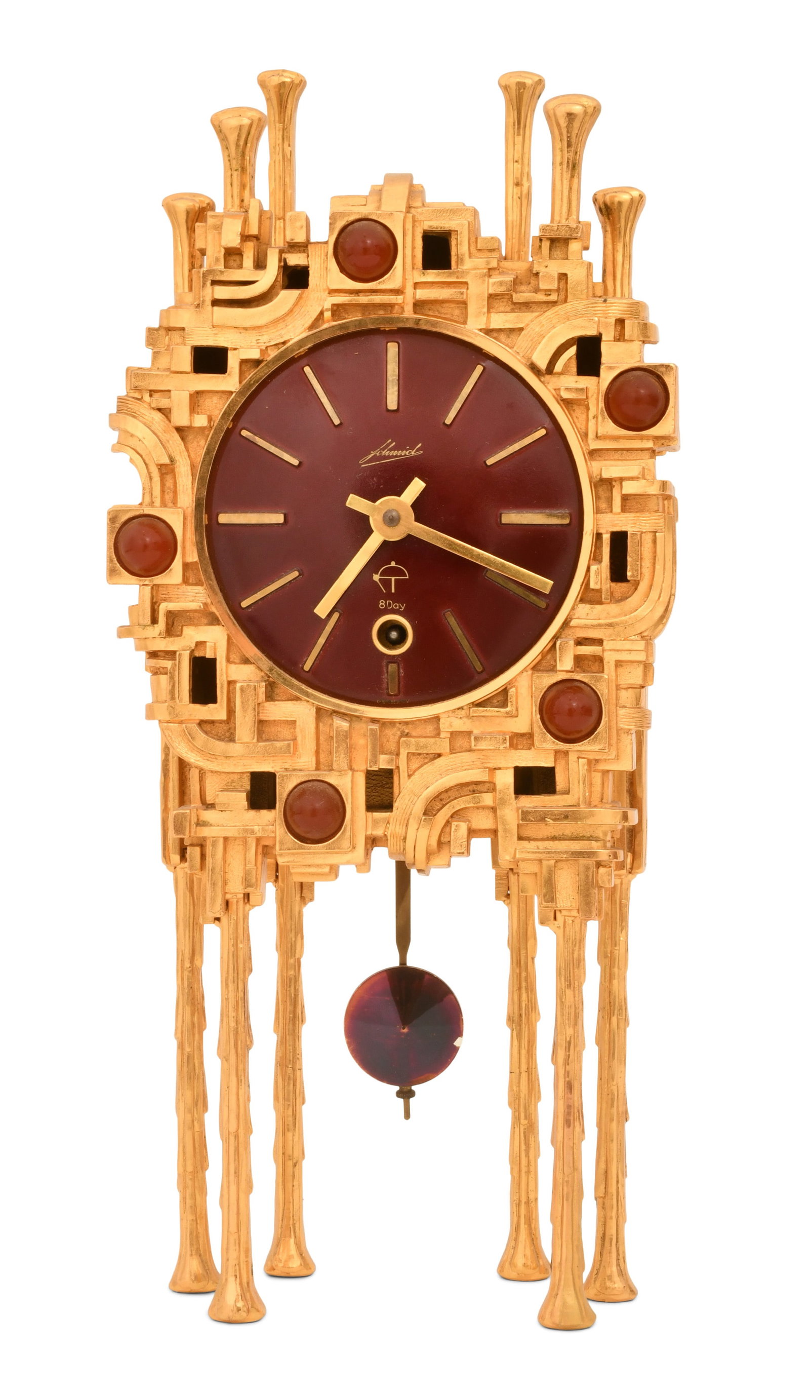 Schmid-Schlenker Modernist Gilt Metal & Enamel Table Clock: Schmid-Schlenker Modernist Gilt Metal & Enamel Table Clock 20th century dial marked "Schmid, 8 Day" 12 x 5 1/2 x 2 3/4 inches Provenance: Private Collection, New York