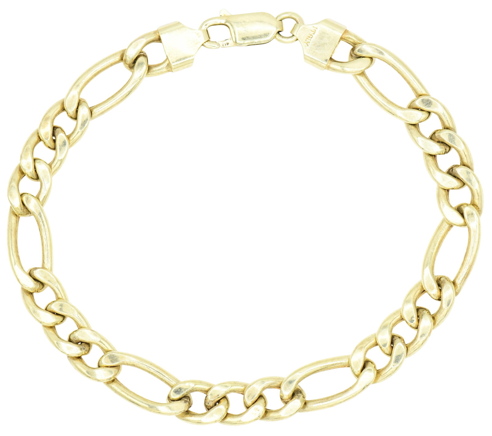 10K Yellow Gold Italian Figaro Chain Bracelet: 10K Yellow Gold Italian Figaro Chain Bracelet • 8 1/8 inches (length) • 5.4 dwt (total weight) Other Notes: Fontaine's Auction Gallery can arrange shipping for this item (USA only).