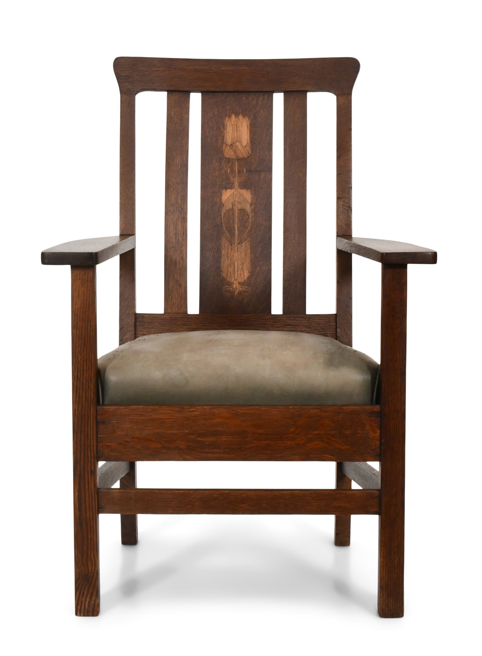 American Arts & Crafts Inlaid Oak Armchair (1 of 6)