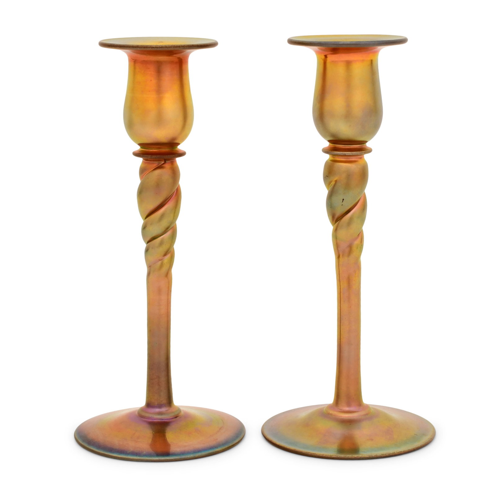 Pair of Steuben Aurene Glass Candlesticks (1 of 4)