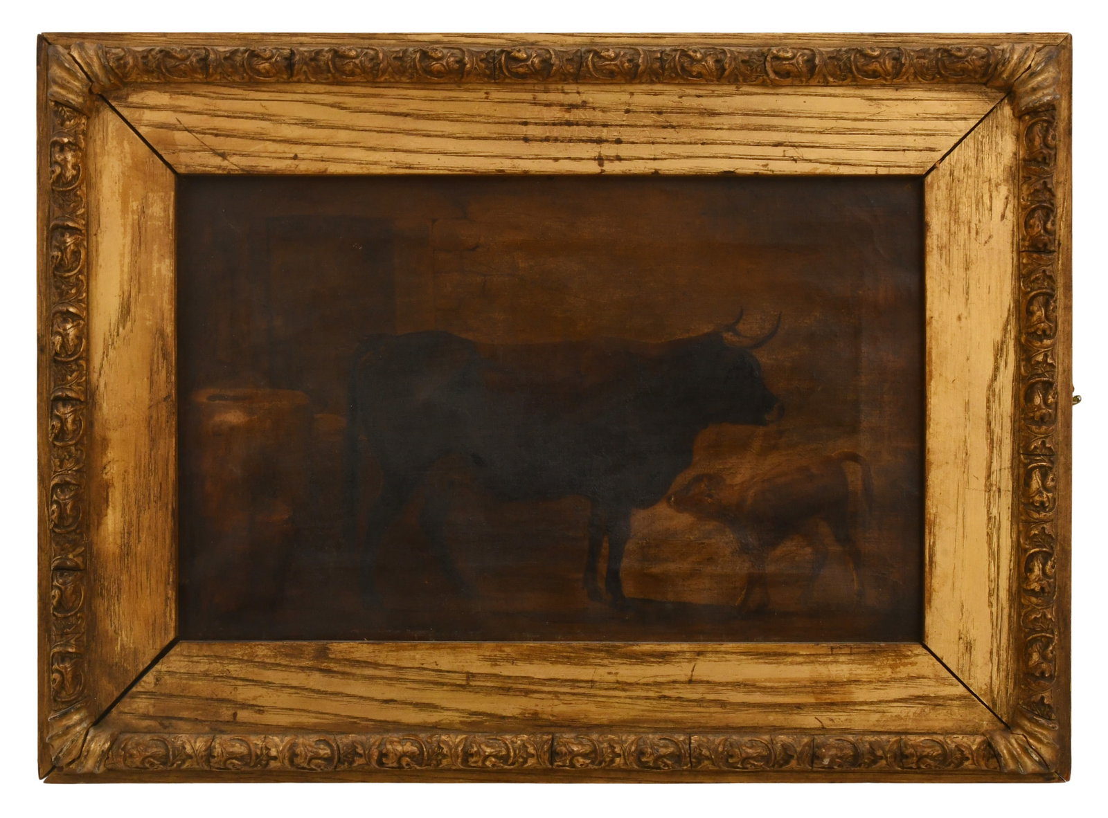 American Folk Art Painting of Cows, Oil on Canvas, 19th Century (1 of 2)