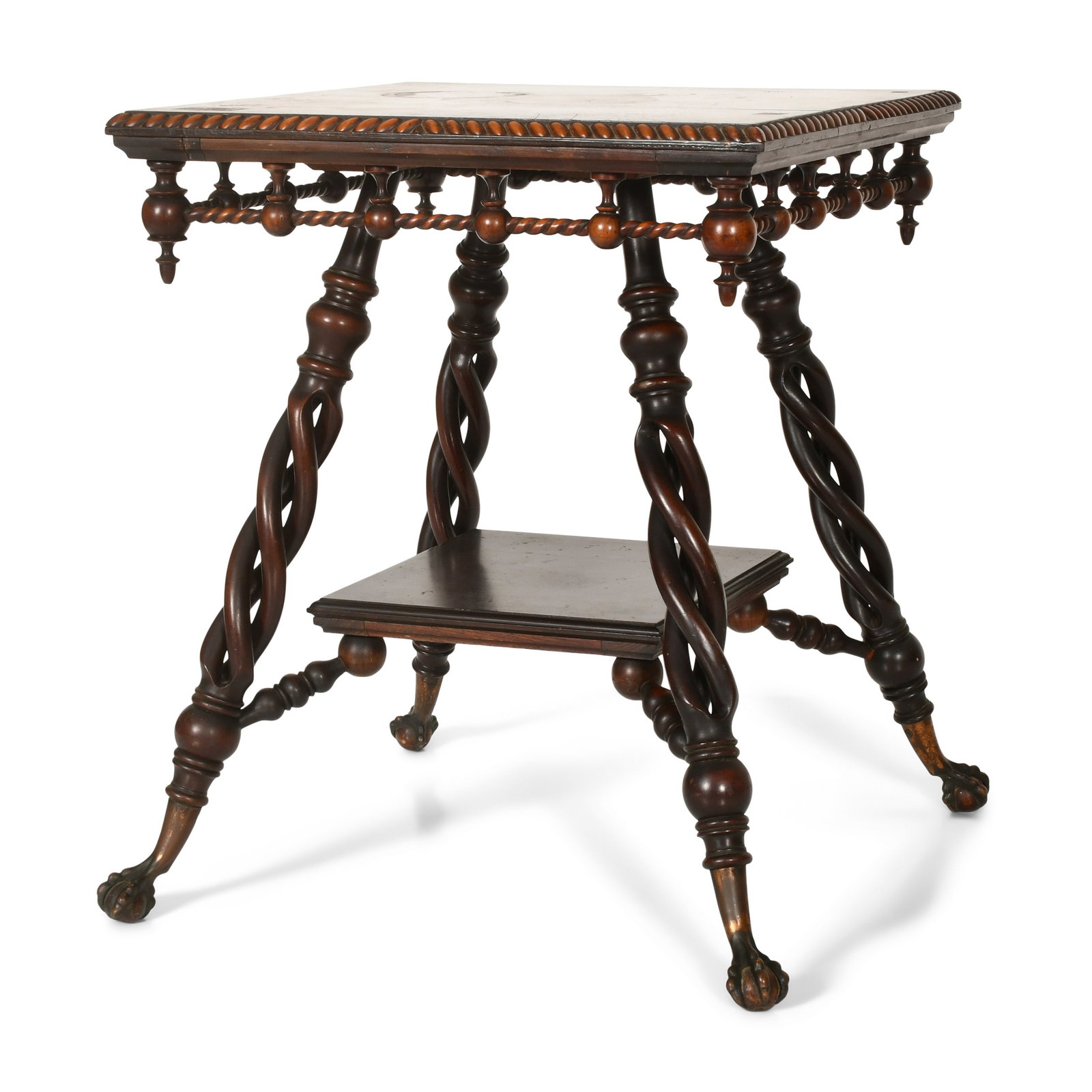 Merklen Brothers Mahogany Table: Merklen Brothers Mahogany Table late 19th century with Solomonic supports, stick-and-ball design and bronze claw feet 29 x 26 x 26 inches Provenance: Private Collection, Massachusetts