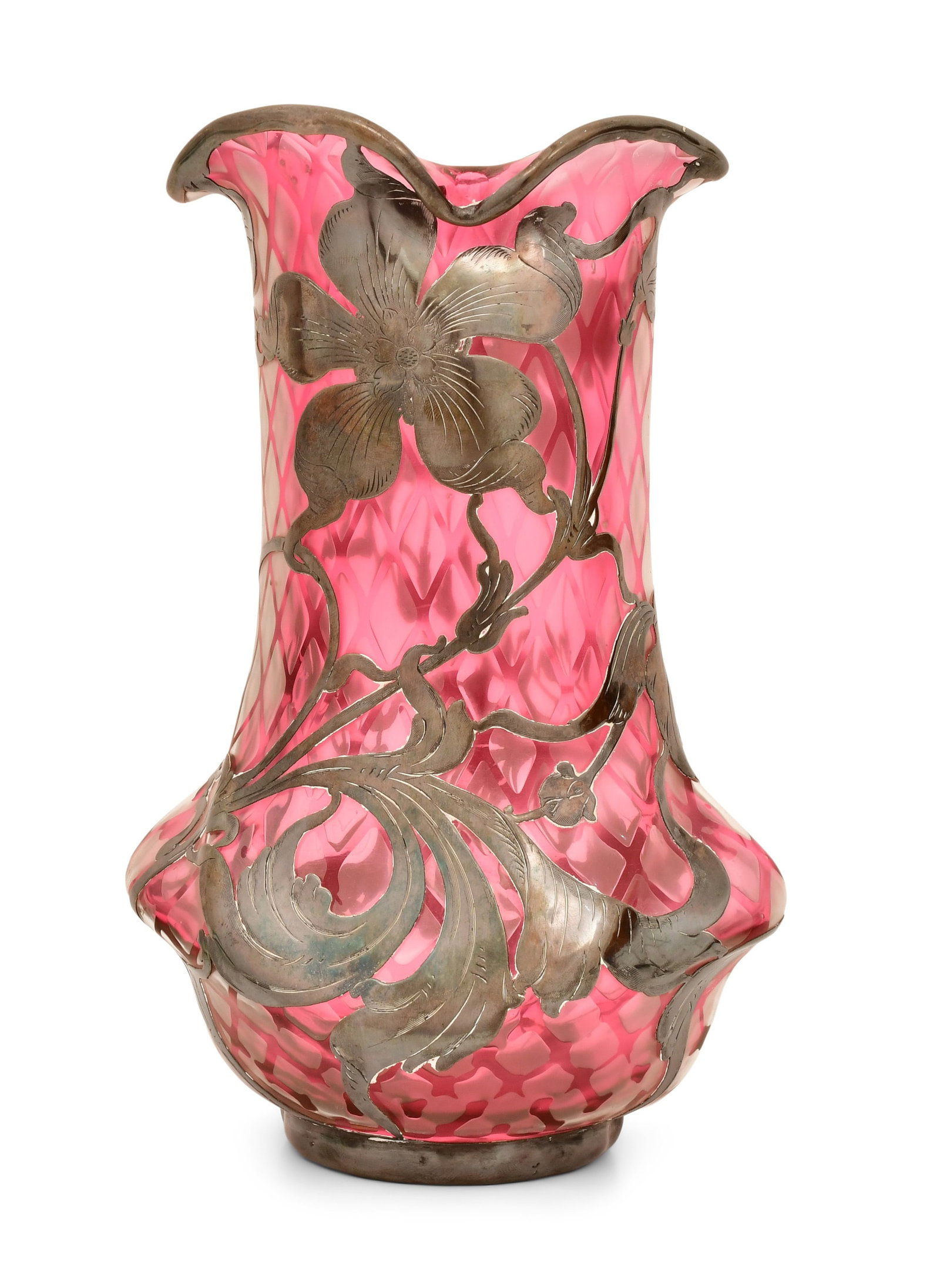 Art Nouveau Silver Overlay Cranberry Glass Vase: Art Nouveau Silver Overlay Cranberry Glass Vase early 20th century 9 x 6 inches Provenance: Private Collection, Connecticut