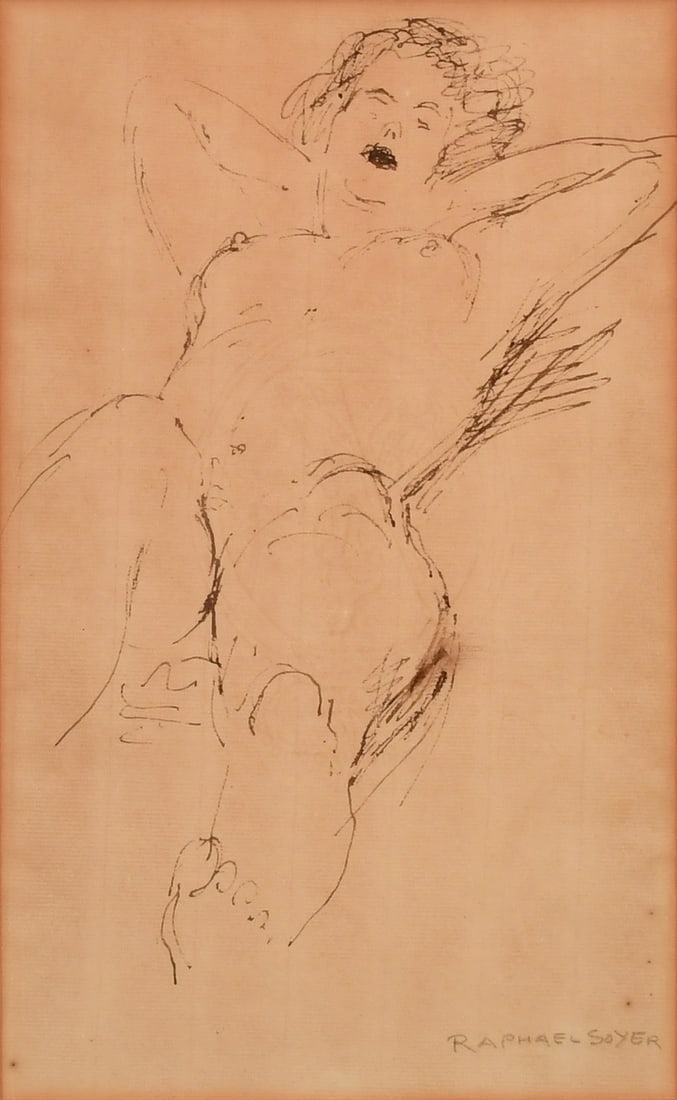 Raphael Soyer (American, 1899-1987), Female Nude: Raphael Soyer (American, 1899-1987) Female Nude ink on paper signed "Raphael Soyer" (lower right) 11 1/2 x 7 inches (sight) 18 x 13 1/2 inches (frame) Provenance: Important Private Collection, Mass