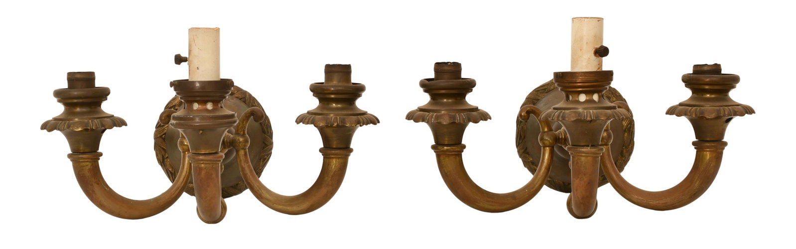 A Pair of American Bronze Two-Light Sconces: A Pair of American Bronze Two-Light Sconces early 20th century 9 x 15 1/2 x 13 inches Provenance: Important Private Collection