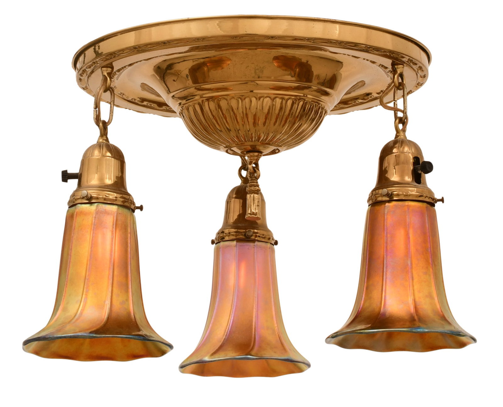 American Brass Chandelier with Art Glass Shades (1 of 6)
