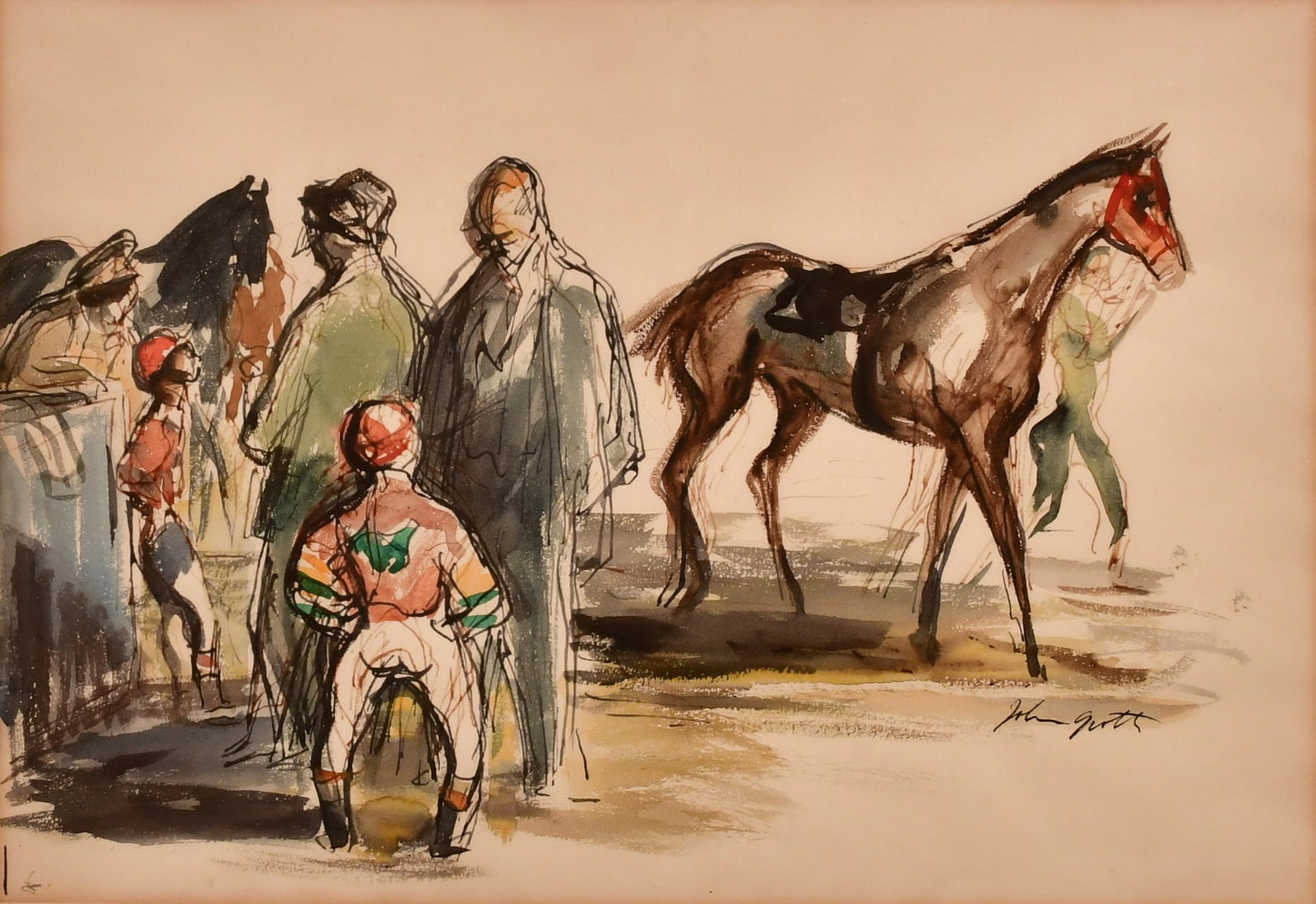 John Groth (American, 1908-1988), Horse Race: John Groth (American, 1908-1988) Horse Race watercolor on paper signed "John Groth" (lower right) 17 1/2 x 25 inches (sight) 26 1/4 x 34 inches (frame) Provenance: Important Private Collection, Mas