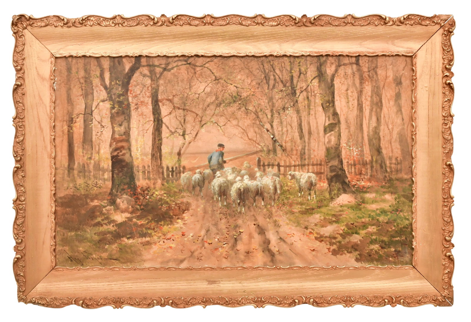 Hugo Anton Fisher (American, 1854-1916), Farmer Hearding Sheep: Hugo Anton Fisher (American, 1854-1916) Farmer Hearding Sheep oil on board signed "Hugo Fisher" (lower left) 17 x 29 1/2 inches (sight) 24 x 36 inches (frame) Provenance: Private Collection, Massac
