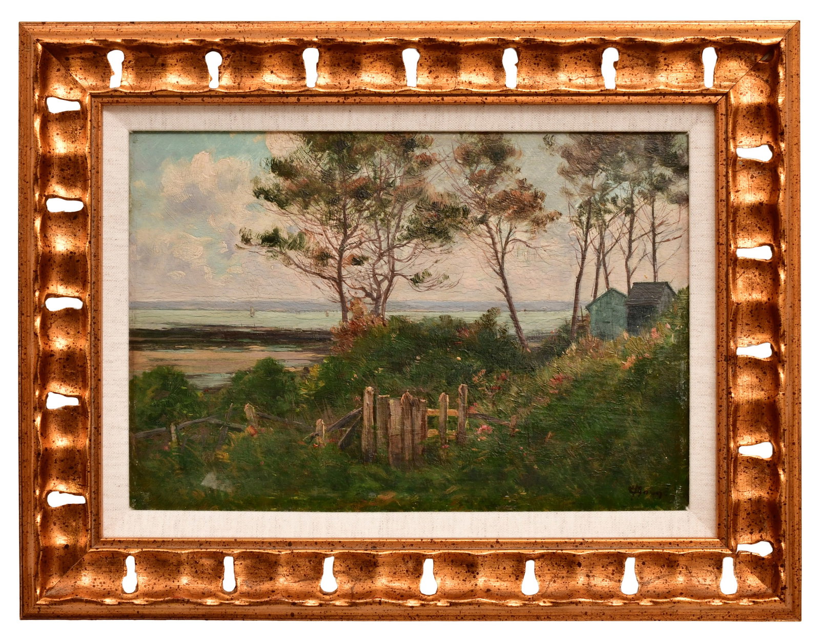 Henri Charles August Gounin (French, 1850-1901), Landscape: Henri Charles August Gounin (French, 1850-1901) Landscape oil on board signed "H. Gounin" (lower right) 7 1/2 x 10 1/2 inches (board) 11 x 14 1/4 inches (frame) Provenance: Private Collection, Mass