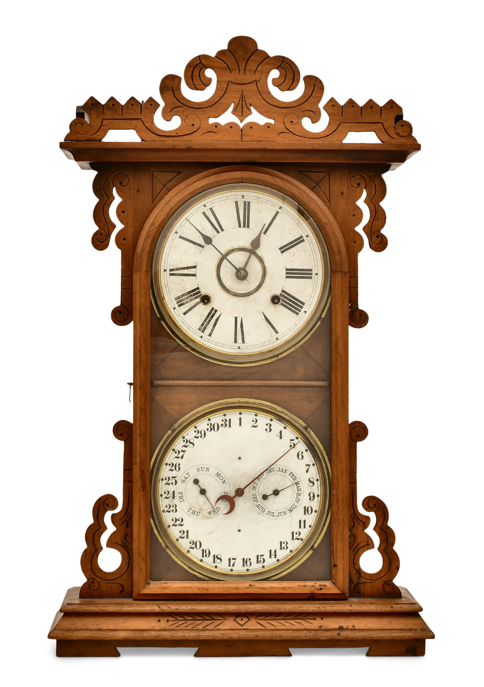 E.N. Welch & D.J. Gale "Arditi" Calendar Clock: E.N. Welch & D.J. Gale "Arditi" Calendar Clock late 19th century black walnut case, 8-day brass spring driven time and strike movement with detached perpetual calendar mechanism, signed label inside