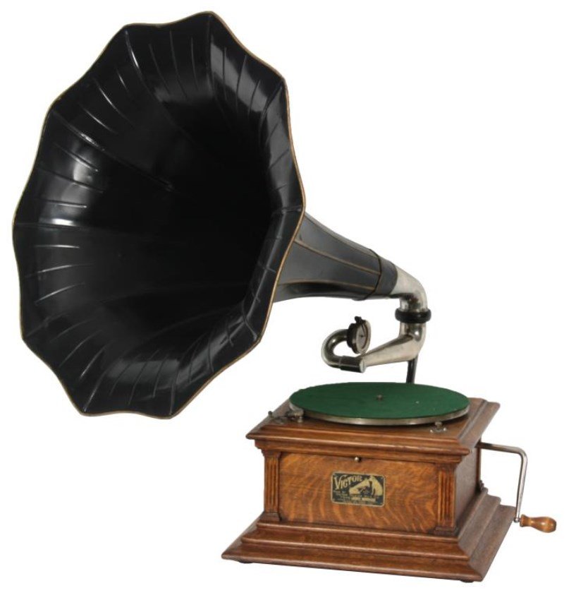 Victor Type III Oak Phonograph: Victor Type III Oak Phonograph. Quarter sawn oak case with fluted corner pilasters, 10 in. spring driven turntable with crank on the right side, rear mounted support arm is painted black with gilt ste