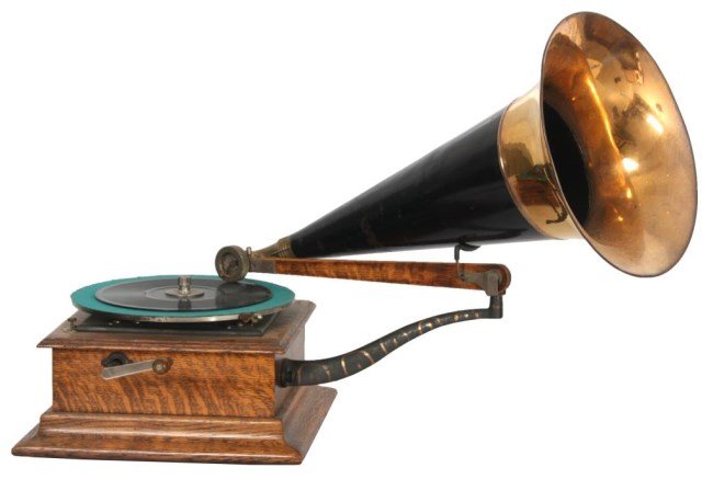 Victor Type P Front Mount Phonograph: Victor Type P Front Mount Phonograph. Oak case has splayed trim at the base, 10 in. spring driven turntable, front mounted support arm with oak stick tone arm. The horn has a flared brass bell with bl