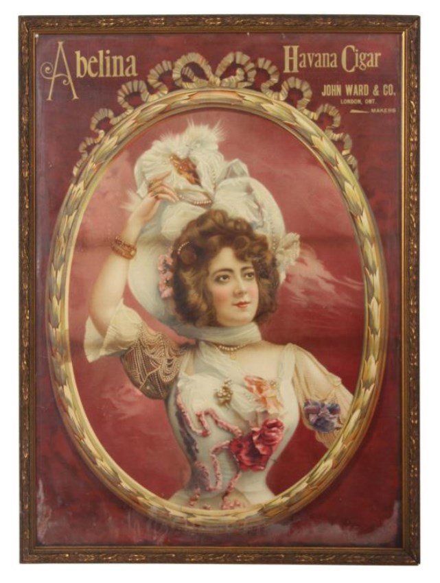 John Ward & Co. Havana Cigar Advertisement: John Ward & Co. Havana Cigar Advertisement. John Ward & Co. Havana Cigar Advertising Pin Up. Portrait of a fancy dressed woman, titled Abelina, for the Havana Cigar by John Ward & Co., London, ONT, Ma