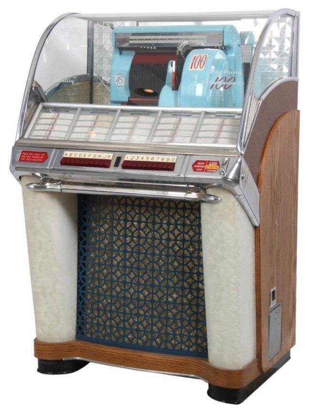 Seeburg Model HF100G Jukebox - 1953: Seeburg Model HF100G Jukebox - 1953. The large curved glass front lid exposes the working mechanics to the Select-O-Matic 100, playing 45’s, has red and white painted covers and a mosaic tiled mirro