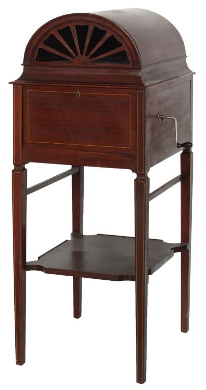 Mahogany Keen-O-Phone Phonograph: Mahogany Keen-O-Phone Phonograph. Floor standing Keen-O-Phone style XX, mahogany case on square tapered legs with inlays on the front, lower shelf/stretcher and has a drop front work surface and domed