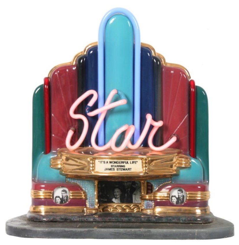 Jerry Berta Star Theater Neon Sculpture: Jerry Berta Star Theater Neon Sculpture. Sculpted in heavy ceramic with colorful glossy glazes in red and blue tones with gold toned banner and trim with a single red neon tube running vertically on t