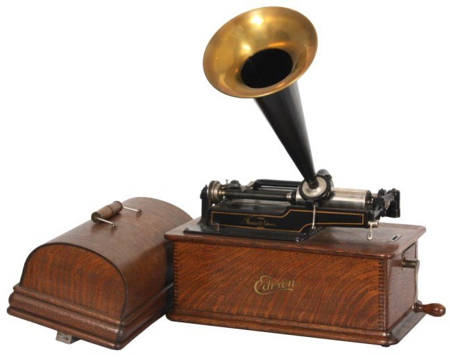 Edison Home Cylinder Phonograph: Edison Home Cylinder Phonograph. Oak case has a finger jointed construction and domed cover; painted black chassis, string driven mechanism and model K Combination receiver with switch, playing 2 and 