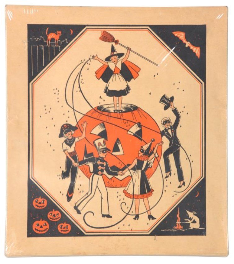 Vintage Childs Masquerade Costume In Box: Vintage Childs Masquerade Costume In Box. Original box with Halloween design on the front with 5 children in costumes dancing around a pumpkin; side tab reads Masquerade Costume, No. 1800, Style Miss 