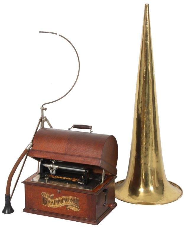 Columbia Type C Cylinder Phonograph: Columbia Type C Cylinder Phonograph. Oak case has a drop front panel with “The Graphophone” banner decal and a domed lid; nickel plated base plate, black painted chassis with gilt stenciling and r