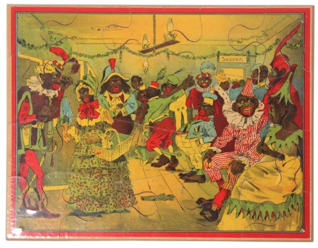 20 Pc. Darktown "Fancy Ball" Puzzle: 20 Pc. Darktown "Fancy Ball" Puzzle. Colorful assembled Americana puzzle depicts a caricatured group of African Americans at a galla costume party in progress. Has old tack holes in the 4 corners and 