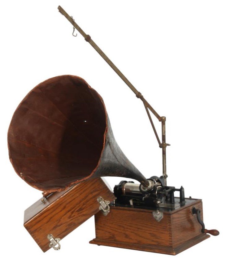 Edison Standard “Suitcase” Phonograph: Edison Standard “Suitcase” Phonograph. Oak case has finger jointed construction, rectangular lid secured with 4 nickel plated latches and turned handle on top; rear mounted crane arm with paper ma
