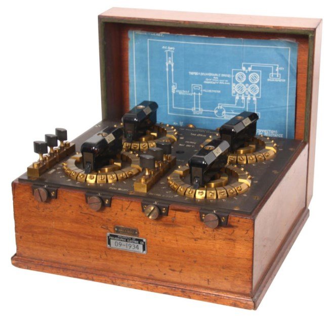 Otto Wolf Double Bridge Electrical Circuit Box: Otto Wolf Double Bridge Electrical Circuit Box. Designed by Otto Wolf, Berlin with serial number 5591, imported by James G. Biddle for the Philadelphia Electric Co. Mechanism is contained in a mahogan