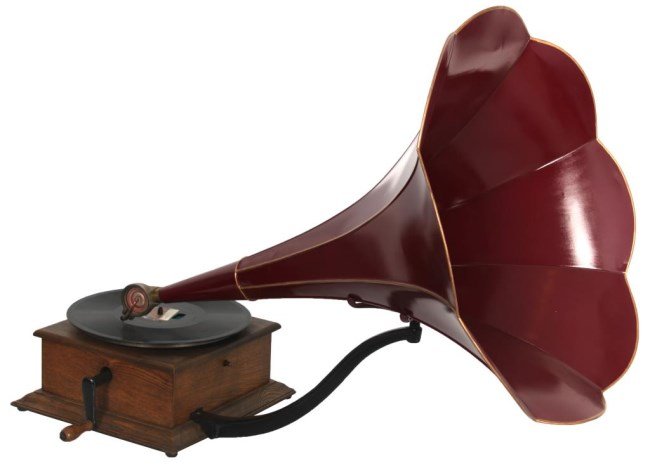 Oak Grand Busy Bee Phonograph: Oak Grand Busy Bee Phonograph. Oak case has a black painted iron rear mounted support arm, 10 in. spring driven turntable, colorful decal on the side reads “Grand Busy Bee, Sole Owners, Oneil, James