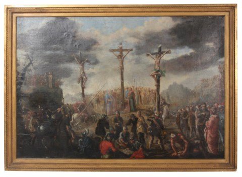 Old Masters Style 3 Crosses Painting: Old Masters Style 3 Crosses Painting. Oil on canvas in the style of Rembrandt, the 3 crosses at the top of the hill and the mob gathers around them under stormy skies. 19th century painting in good co