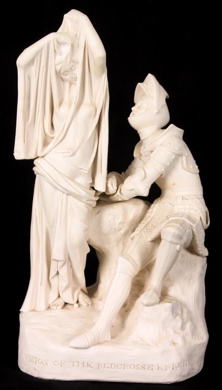 Parian Figural Grouping – Knight & Queen: Parian Figural Grouping – Knight & Queen. Titled “Vision of the Redcrosse Knight – The Faerie Queen”, the knight wears his full suit of armor, he is seated on a mount and leans against a rock,