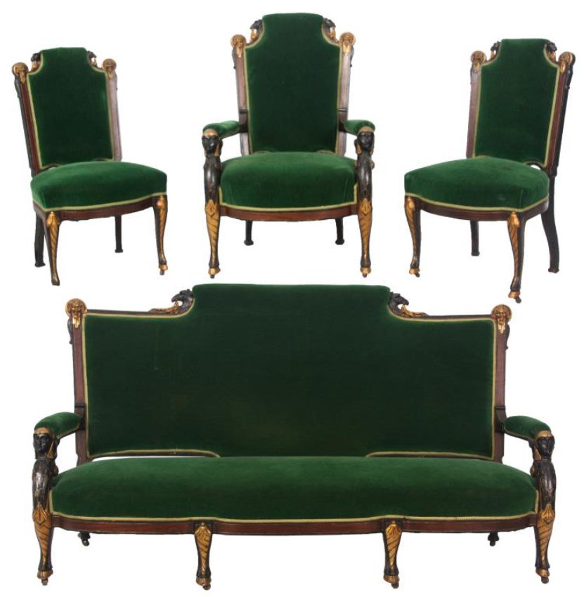 4 Pc. Pottier & Stymus Parlor Set: 4 Pc. Pottier & Stymus Parlor Set. Padded crest rails with griffins heads on the sides and gilt carved filigree hanging from their mouths, the side posts have round gilt bronze griffins head mounts at