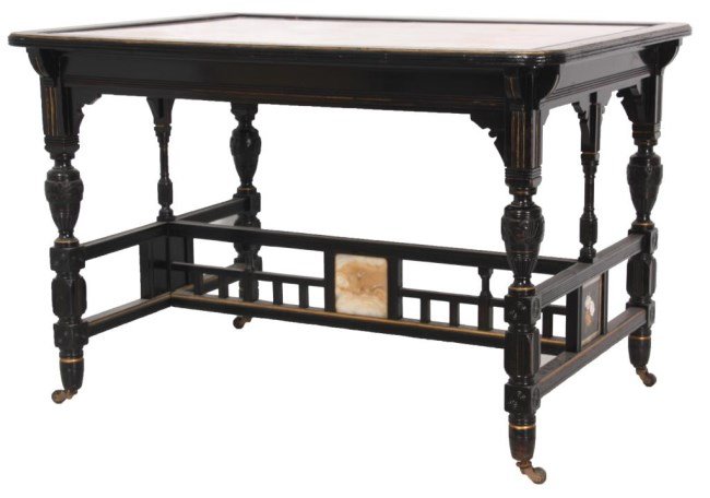 Ebonized & Inlaid Onyx Top Table: Ebonized & Inlaid Onyx Top Table. Beautiful white onyx top is inset in brass and wood inlaid floral and filigree border, stands on square form legs with reeded highlights and leaf carved inverted tear