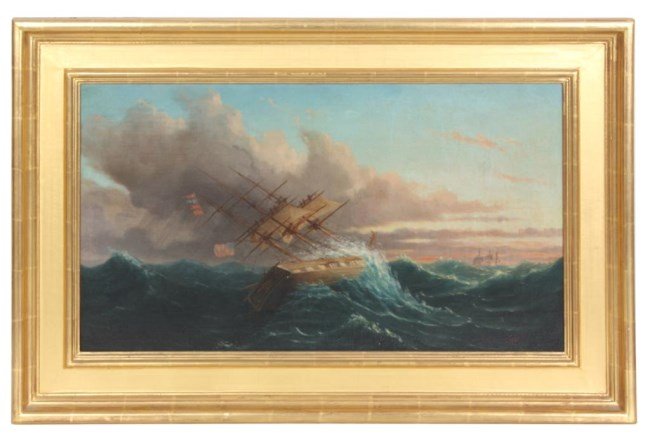 Late 19th C. O/C American Ship Painting: Late 19th C. O/C American Ship Painting. Signed in the lower right corner Le Grand, scene of a large 3 mast ship sailing among rough seas as a wave crashes over the starboard side of the ship, the shi