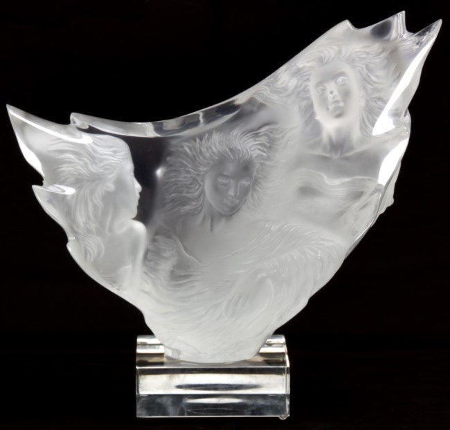 Michael Wilkinson Lucite Sculpture - Graces: Michael Wilkinson Lucite Sculpture - Graces c.1988. Beautiful lucit (acrylic glass) sculpture depicts a bust of 3 women, has a flowing nouveau form and combines clear and frosted textures with reverse