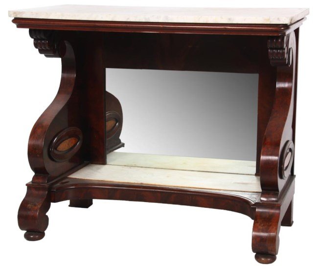 Marble Top Empire Mahogany Pier Table: Marble Top Empire Mahogany Pier Table. White marble top with scrolling corbelled supports and birds-eye maple center panels, inset white marble lower tier under a mirrored back and stands on scroll ca