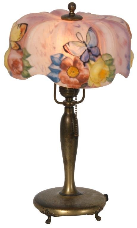 Pairpoint Papillon Boudoir Lamp: Pairpoint Papillon Boudoir Lamp. 8 in. reverse painted Papillon puffy shade with colorful rose, floral and butterfly decoration on the corners and a satin pink background; has beautiful pastel colors,