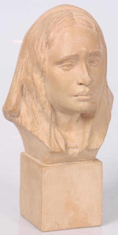 Malvina Hoffman Plaster Bust of A Girl: Malvina Hoffman (1885-1966) Plaster Bust of A Girl. Plaster head of a young woman, on a cubed base, in good condition. Signed in script on the back. 10.25 in. high.