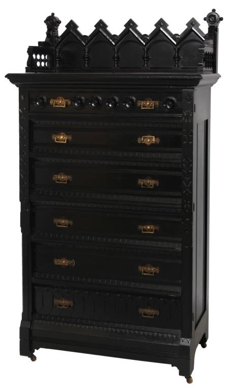 Gothic 6 Dr. Lock Side Chest: Gothic 6 Dr. Lock Side Chest. Carved gallery top with 5 peaks over arches and turned columns on the back panel, gallery has spindled side panels with scrolled spade designs and rosette finials on the 