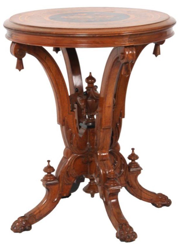 Berkey & Gay Walnut Inlaid Center Table: Berkey & Gay Walnut Inlaid Center Table. 24 in. dia. top is has a beautiful swirling filigree inlaid border with an ebonized center panel inlaid with musical instruments and filigree; the top is raise