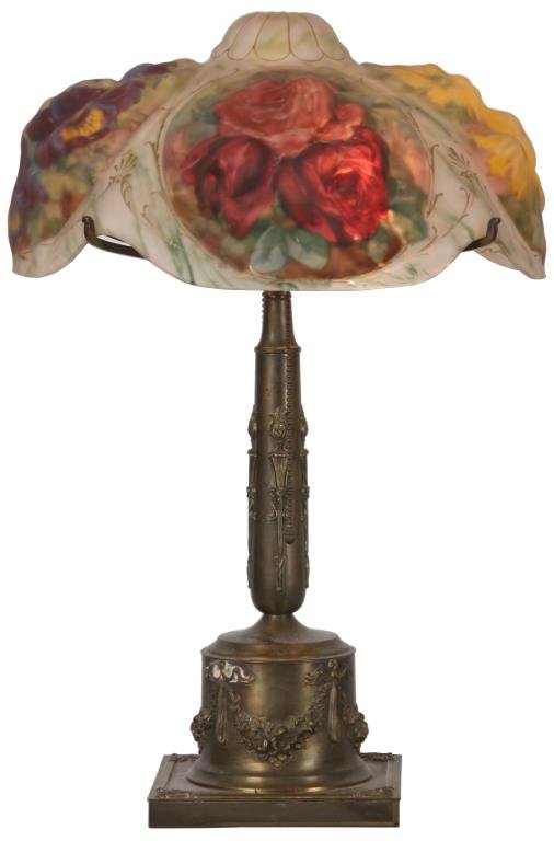 Pairpoint Puffy Oxford Table Lamp: Pairpoint Puffy Oxford Table Lamp. 14 in. reverse painted closed top puffy shade has 4 leafy green panels decorated with red roses, purple violets, yellow mums and red clematis; has an overall white b